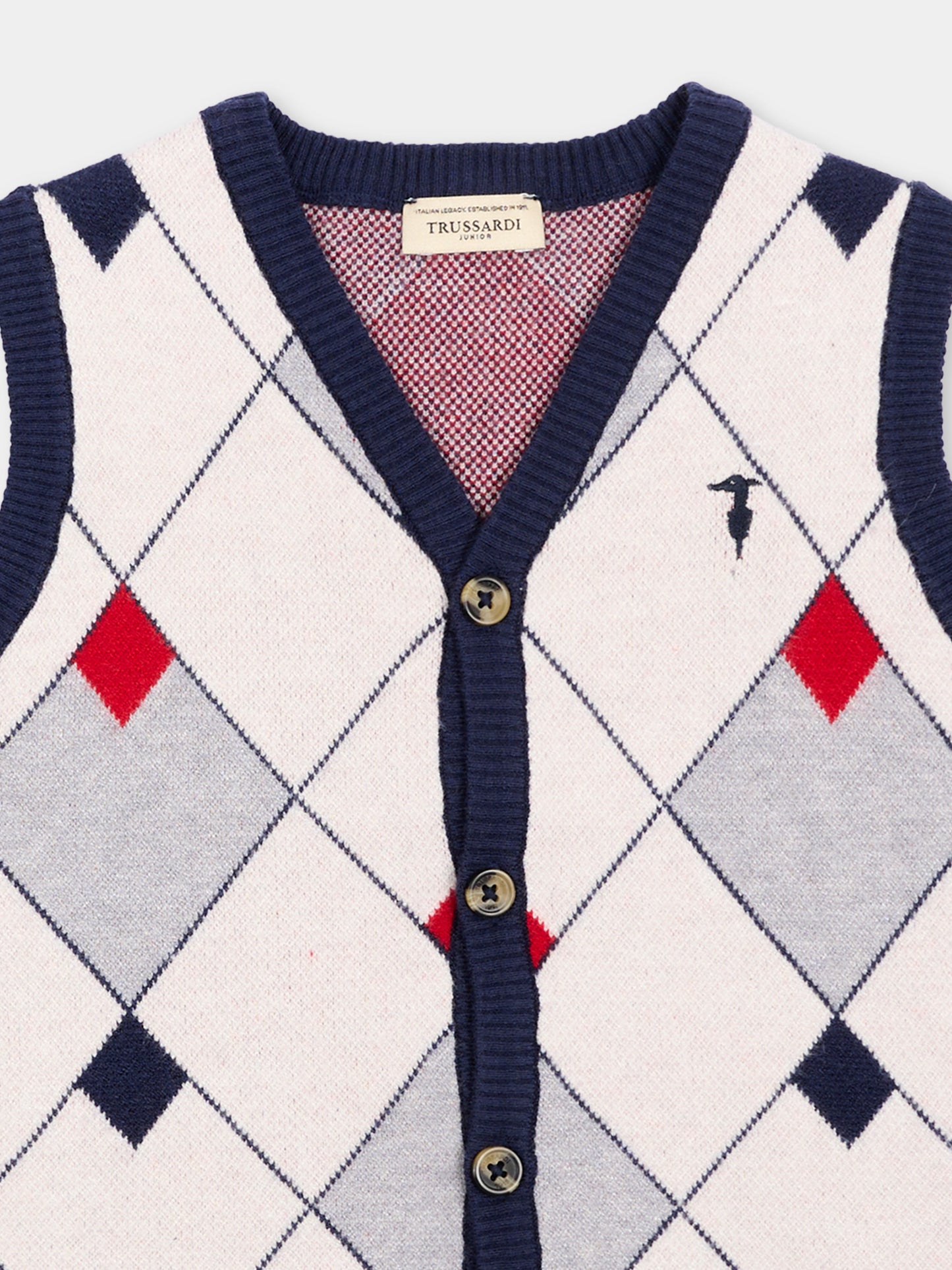Gilet blu per neonato a rombi con logo,Trussardi Junior,TIA26051GL BLUE_N/OW/ BLUE NAVAL