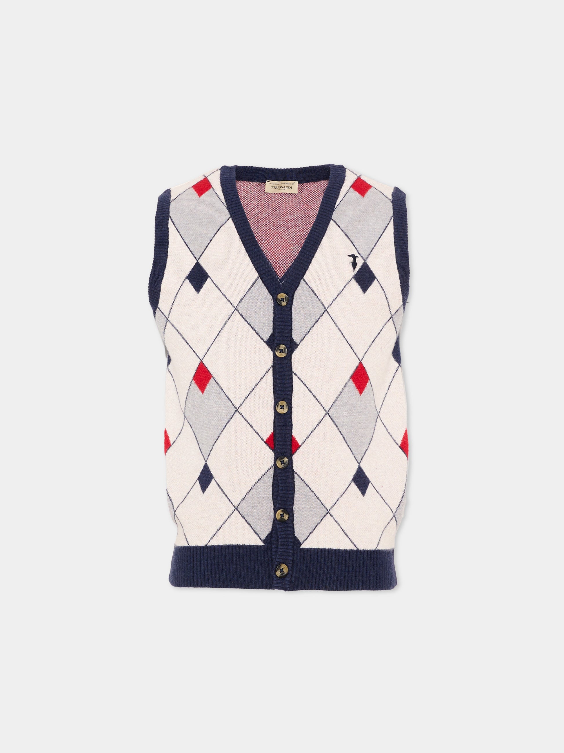 Gilet blu per bambino a rombi con logo,Trussardi Junior,TIA26051GL BLUE_N/OW/ BLUE NAVAL