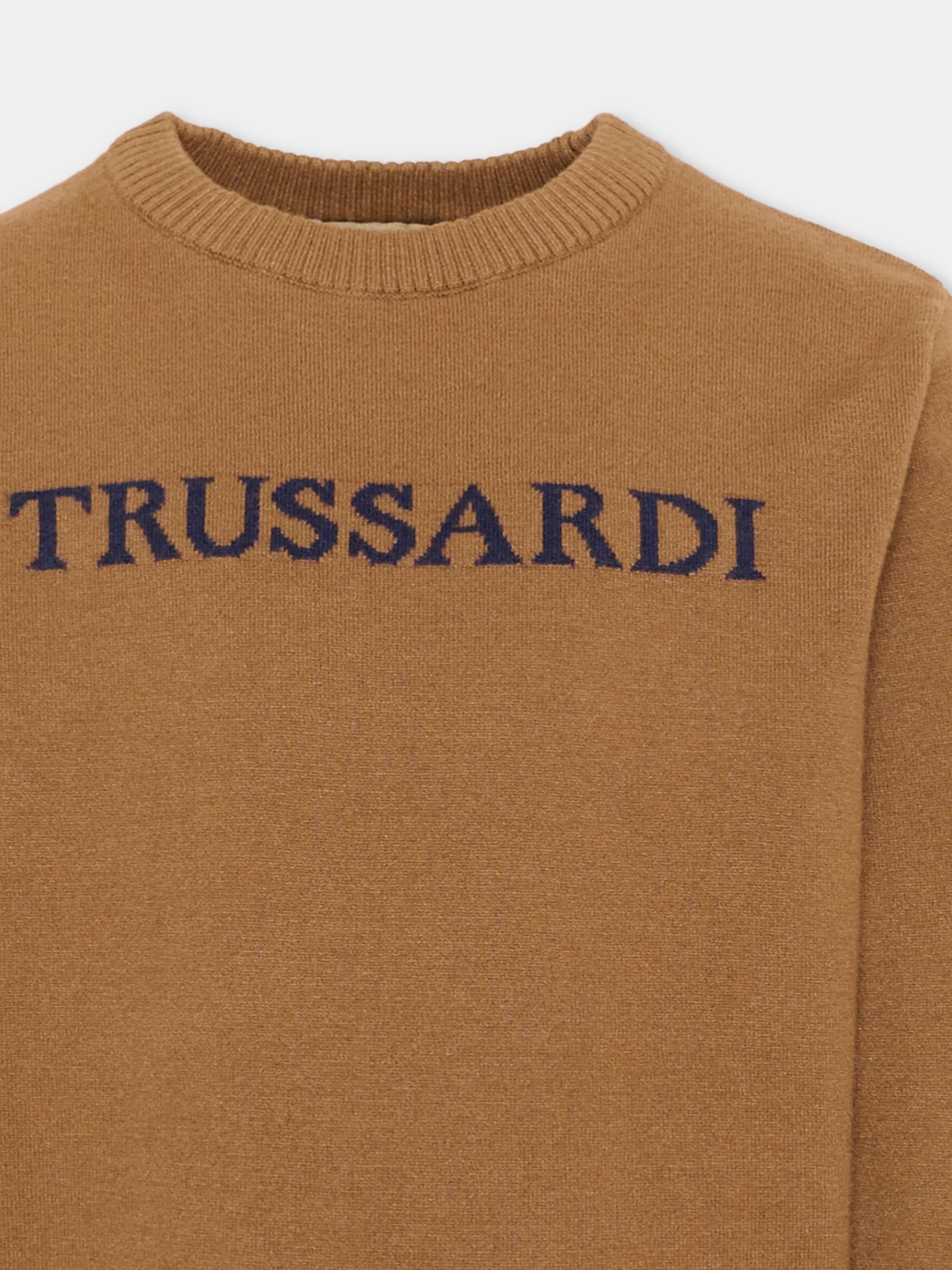 Maglione marrone per bambino con logo,Trussardi Junior,TBA26021MA CAMEL CAMEL