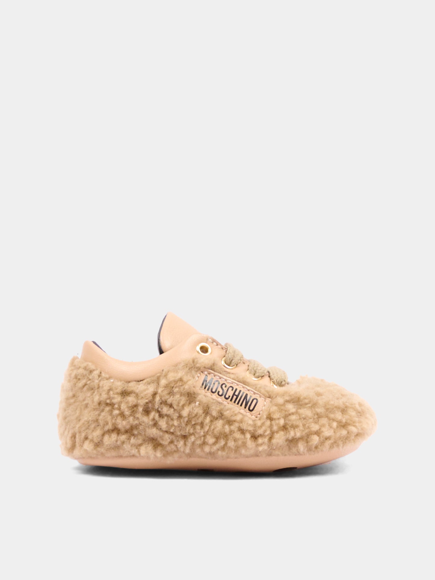 Sneakers beige per neonati effetto peluche,Moschino Kids,84055 VAR1