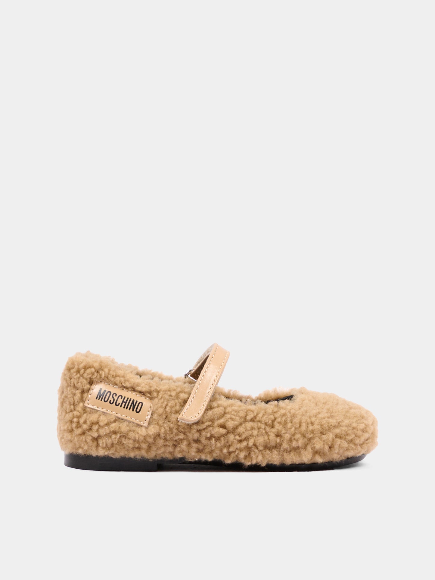 Ballerine beige per bambina in pelliccia,Moschino Kids,84081 VAR1