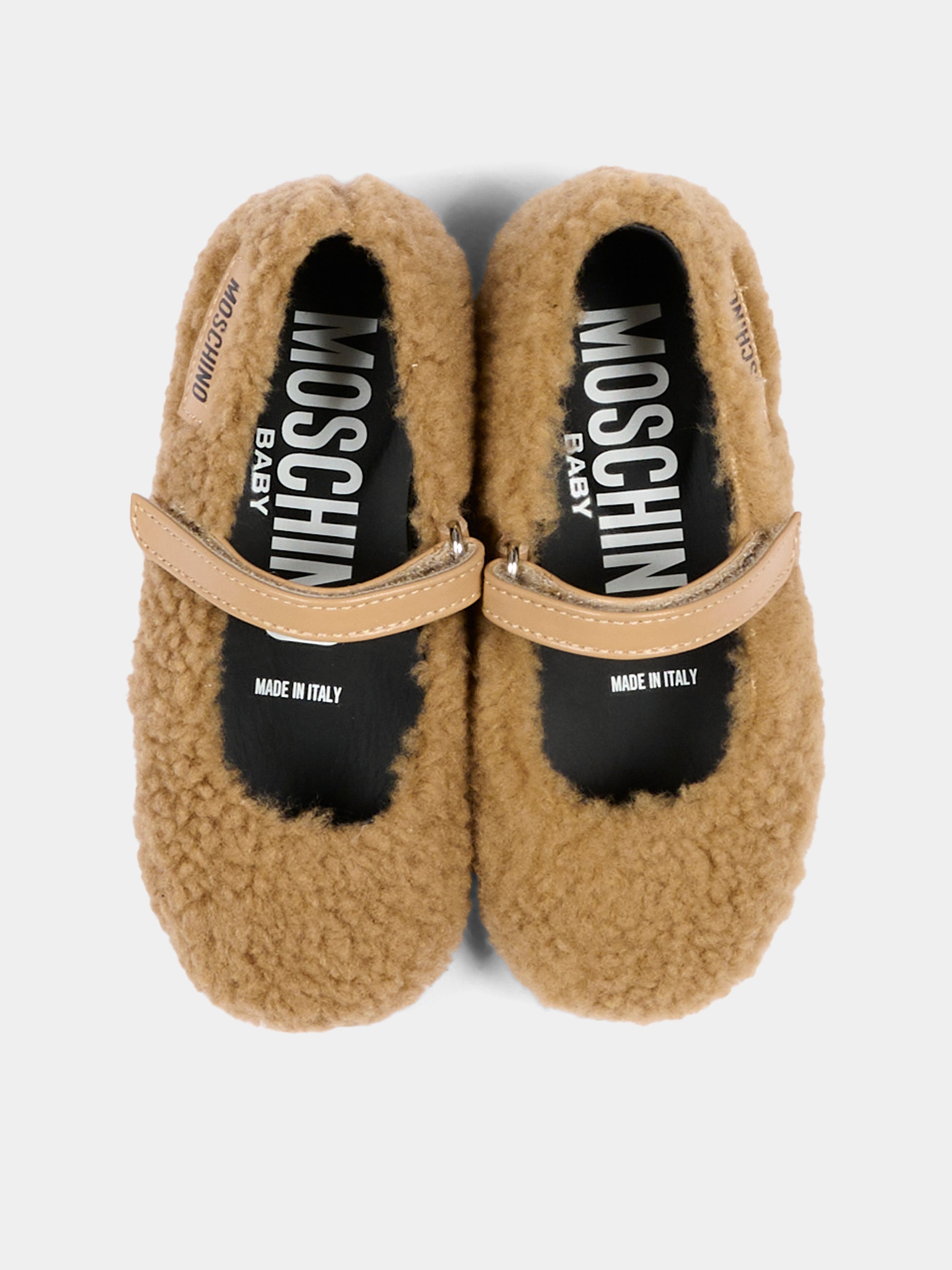 Ballerine beige per bambina in pelliccia,Moschino Kids,84081 VAR1