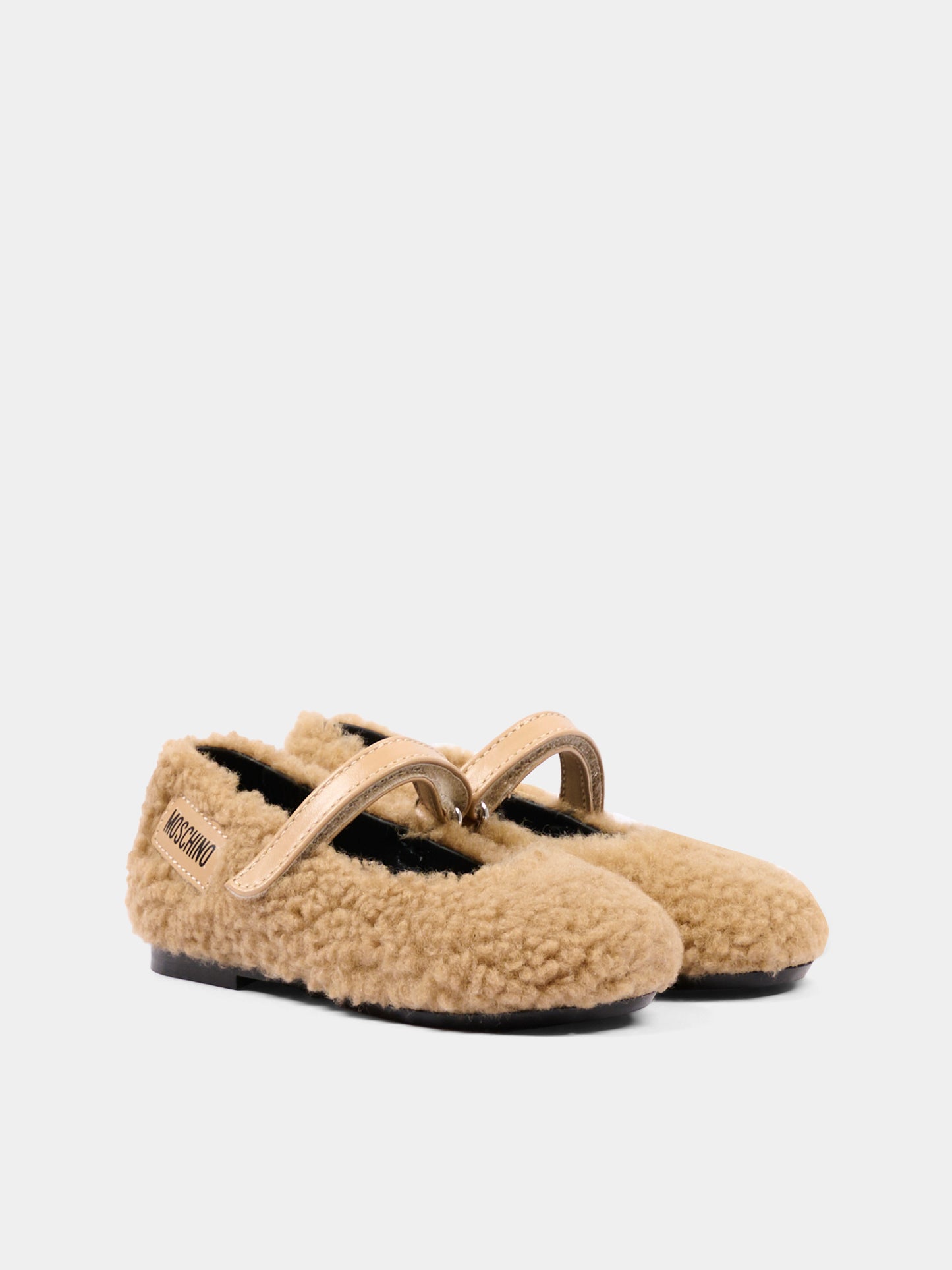 Ballerine beige per bambina in pelliccia,Moschino Kids,84081 VAR1