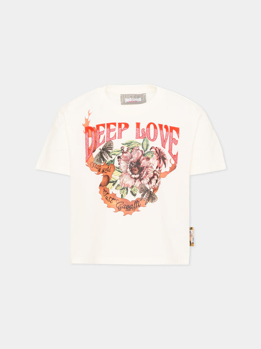 T-shirt avorio per bambina con fiori,Just Cavalli Kids,JGA26136TS MARSHMAL. MARSHMALLOW