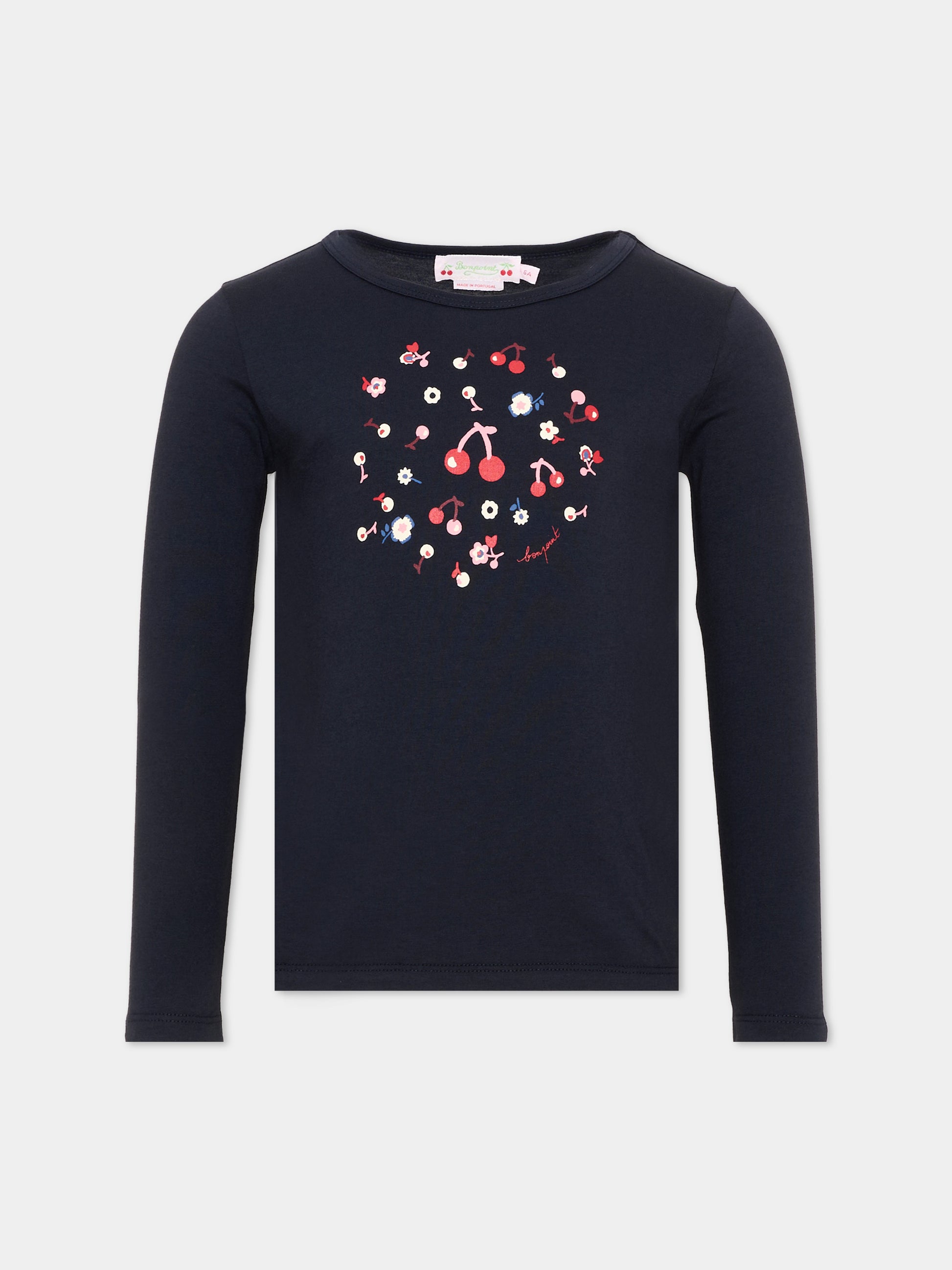 T-shirt blu per bambina con ciliegie,Bonpoint,W06GTSK00013 170