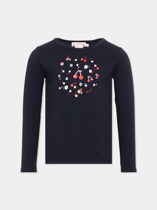 T-shirt blu per bambina con ciliegie,Bonpoint,W06GTSK00013 170