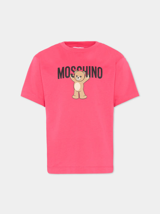 T-Shirt fucsia per bambina con logo,Moschino Kids,HMM05G LAA10 50541