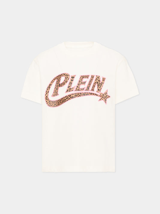 T-Shirt avorio per bambina con logo animalier,Philipp Plein Junior,F6PHJGTH061 002