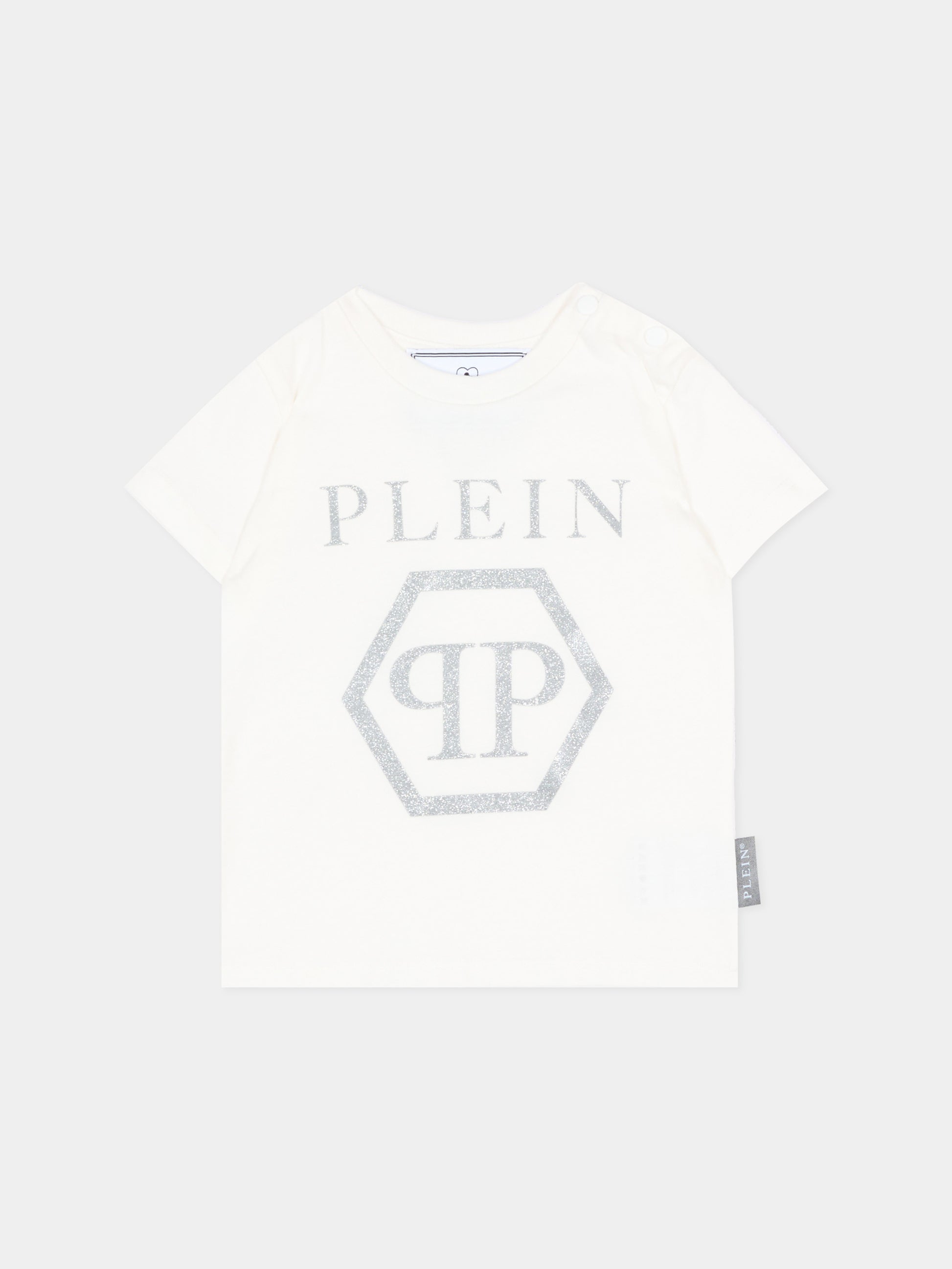 T-Shirt avorio per neonata con logo,Philipp Plein Junior,F6PHNGTH179 002