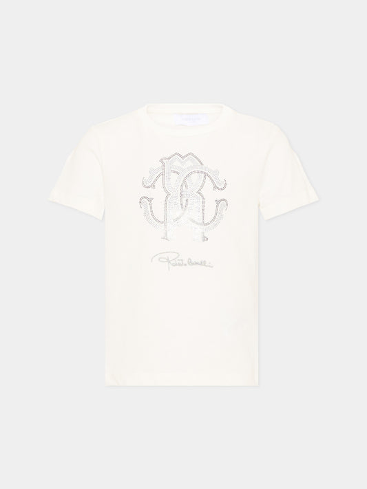 T-shirt avorio per bambina con logo,Roberto Cavalli Kids,CGA26111TS AVORIO_C.C