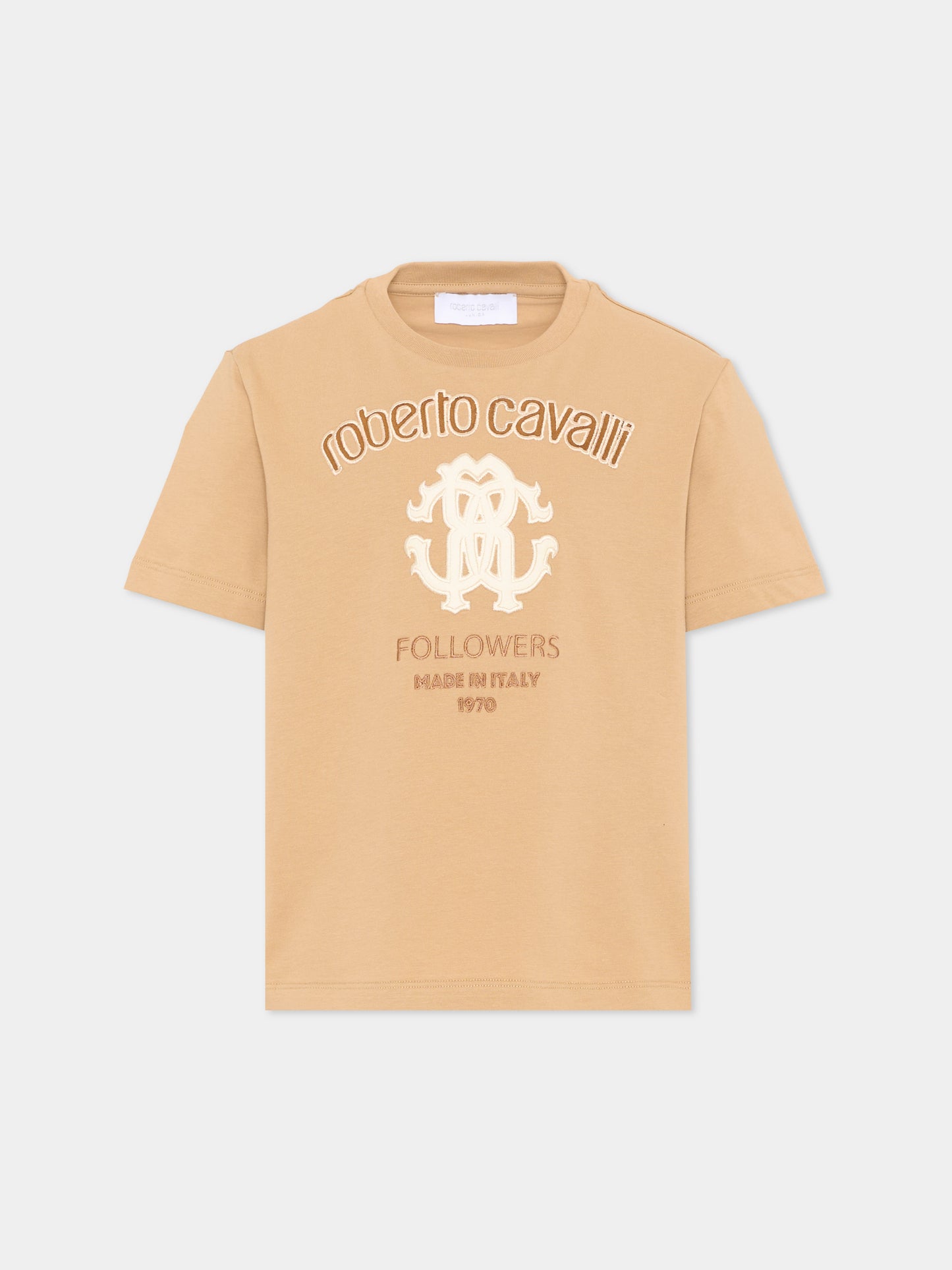 T-Shirt beige per bambini con logo,Roberto Cavalli Kids,CBA26070TS BEIG.MARZ.