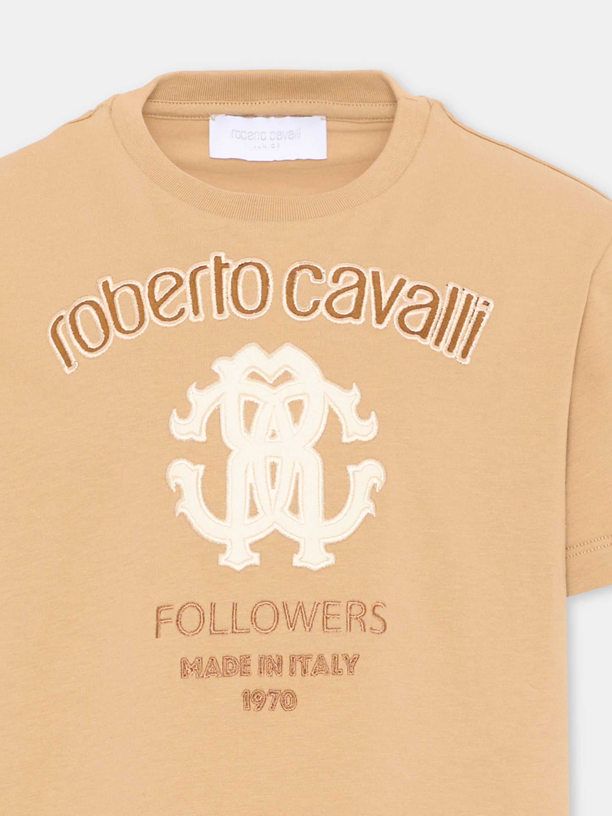 T-Shirt beige per bambini con logo,Roberto Cavalli Kids,CBA26070TS BEIG.MARZ.