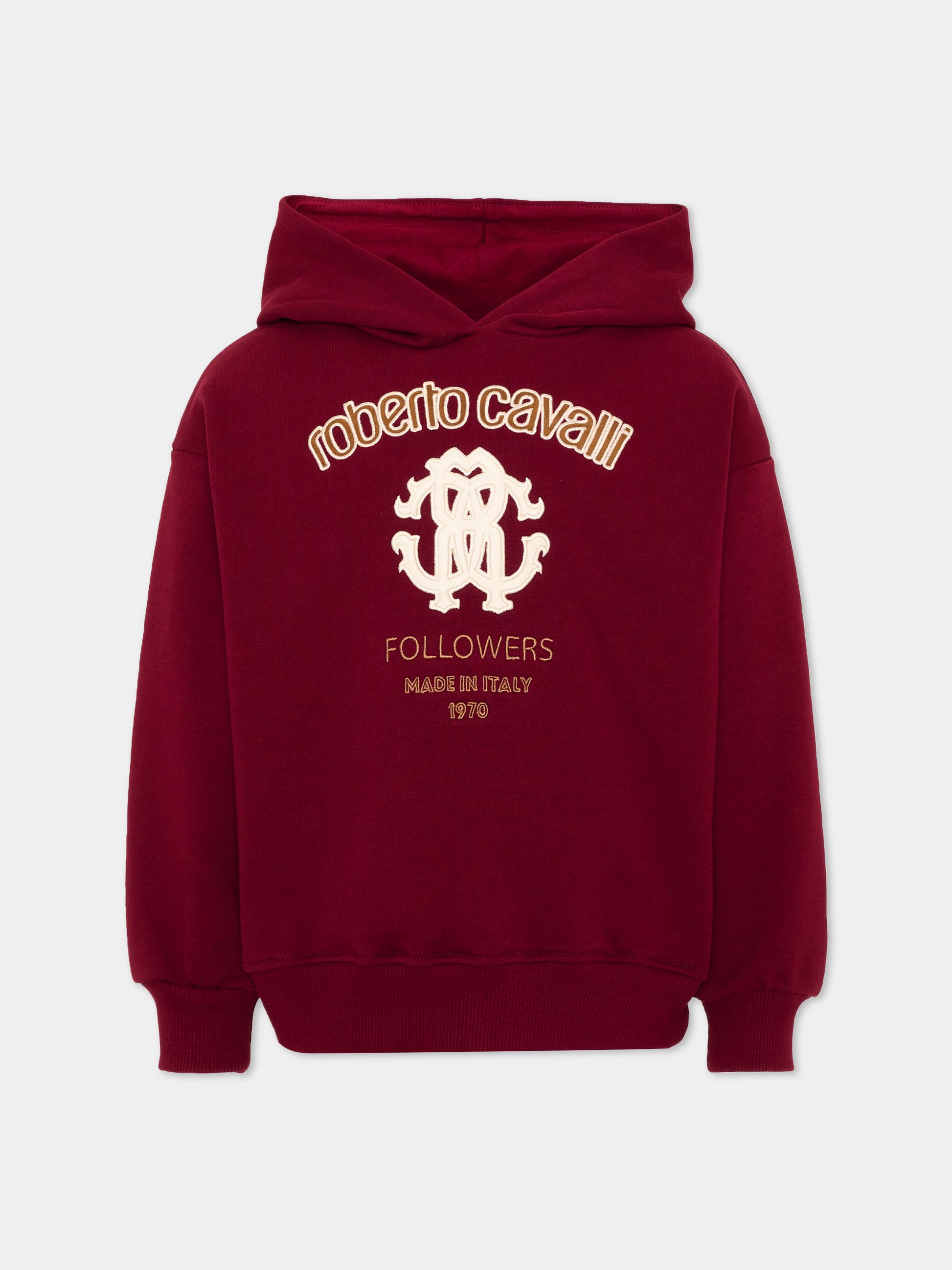 Felpa con cappuccio per bambini bordeaux con logo,Roberto Cavalli Kids,CBA26067FE RED_PORT