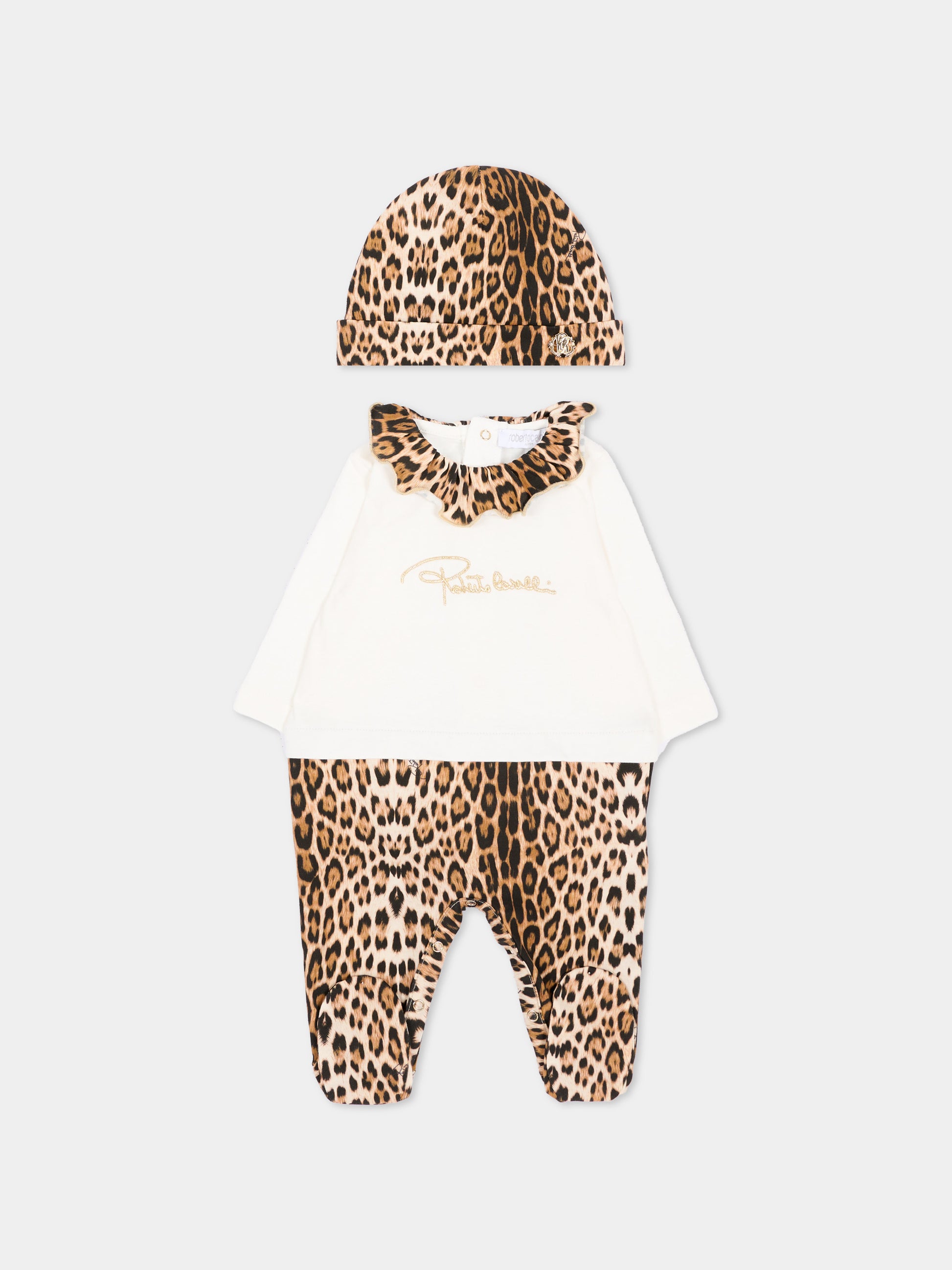 Set tutina marrone animalier per neonata con logo,Roberto Cavalli Kids,CLA26037TU GIAG.N/ACC