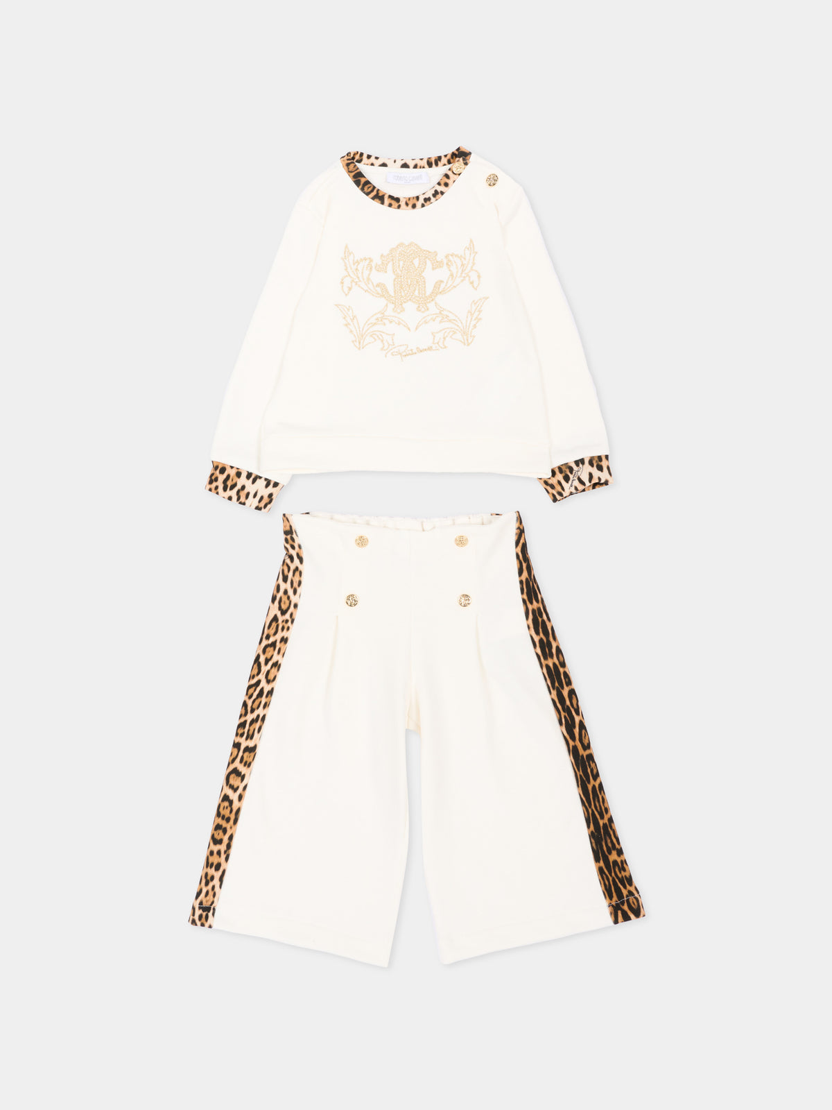 Completo sportivo avorio animalier per neonata con logo,Roberto Cavalli Kids,CIA26079CF AVOR.CC/GN