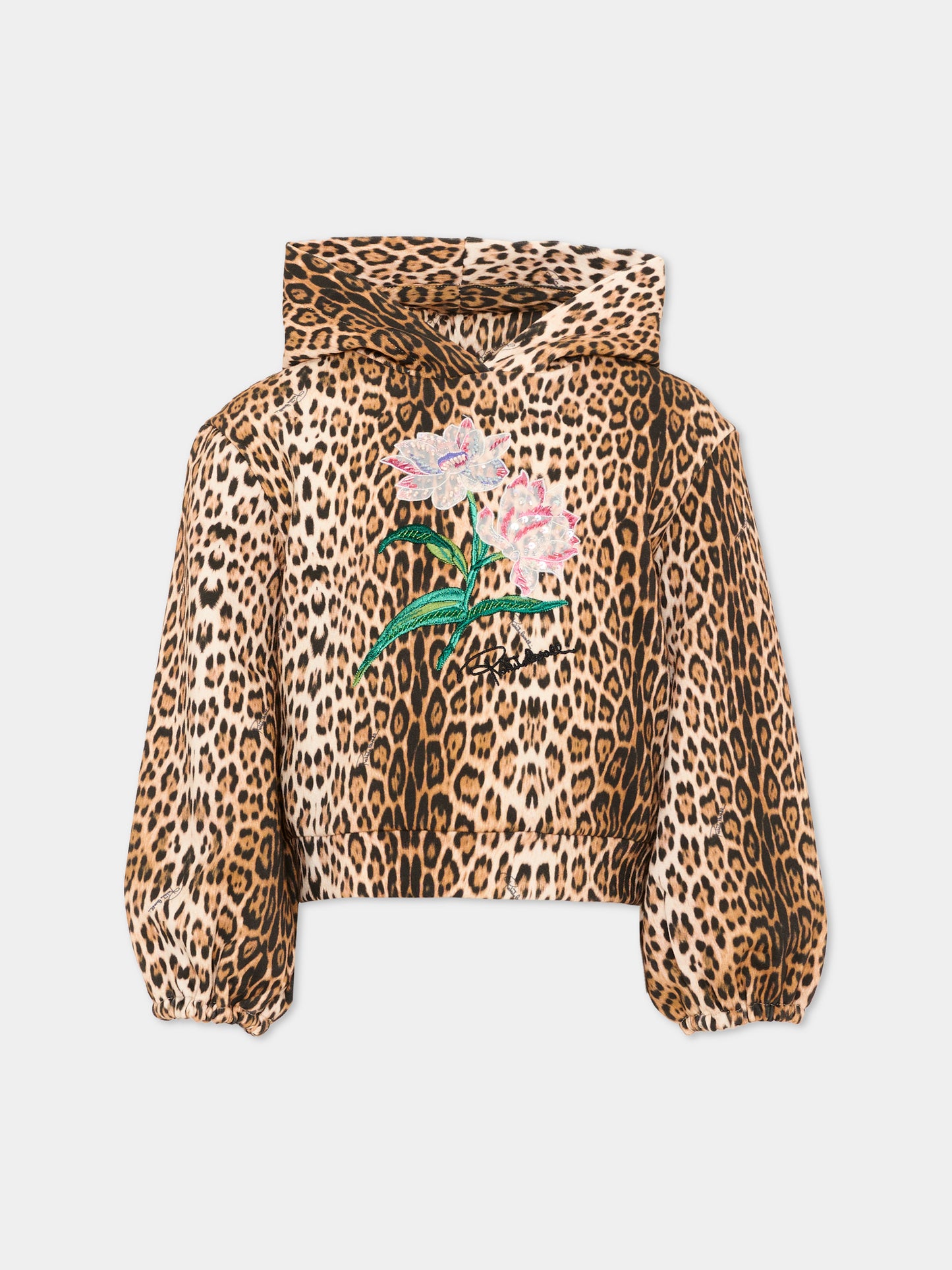 Felpa con cappuccio marrone per bambina animalier,Roberto Cavalli Kids,CGA26042FE GIAG.NATUR