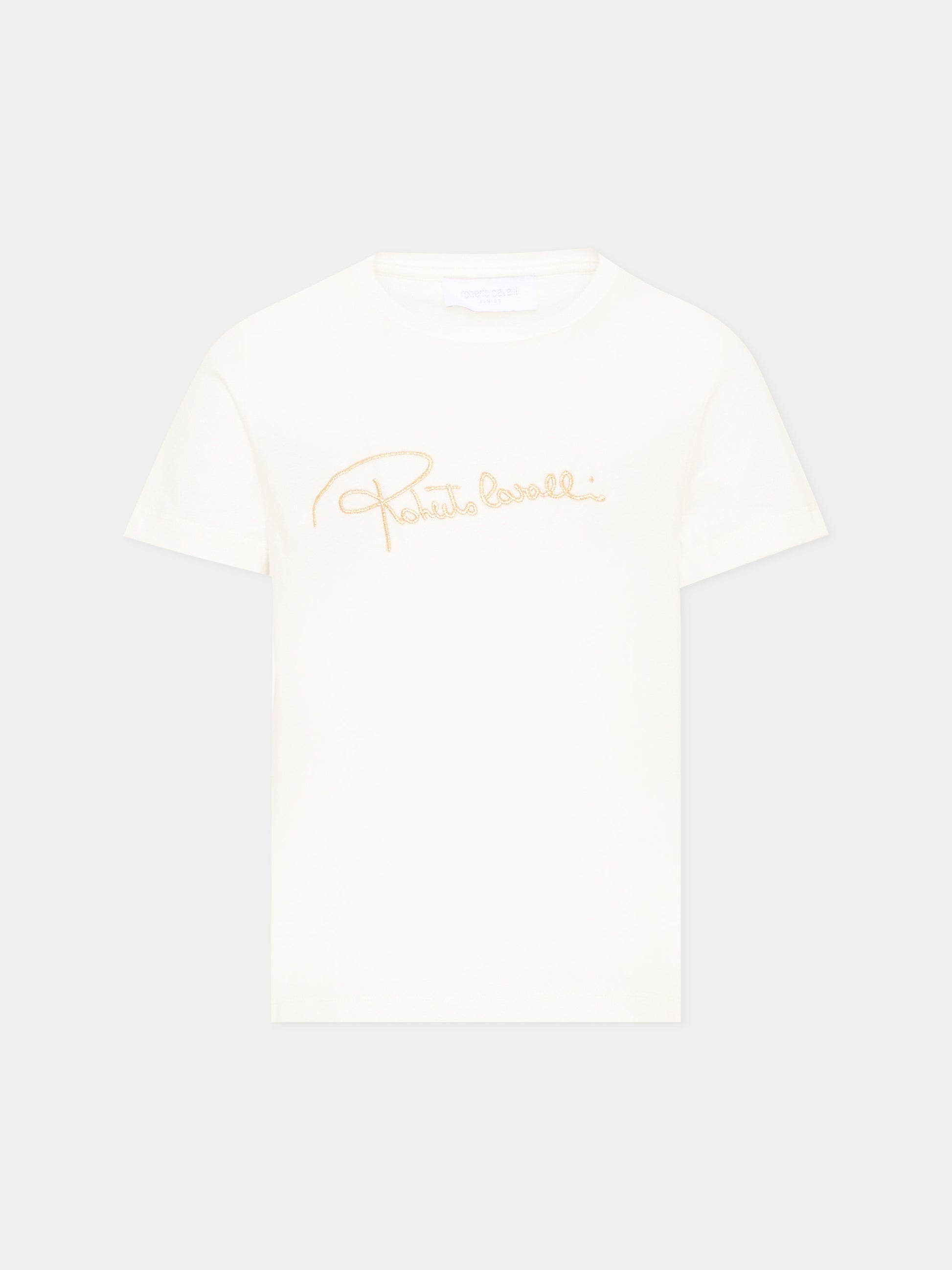 T-Shirt avorio per bambina con logo,Roberto Cavalli Kids,CGA26107TS AVORIO_C.C