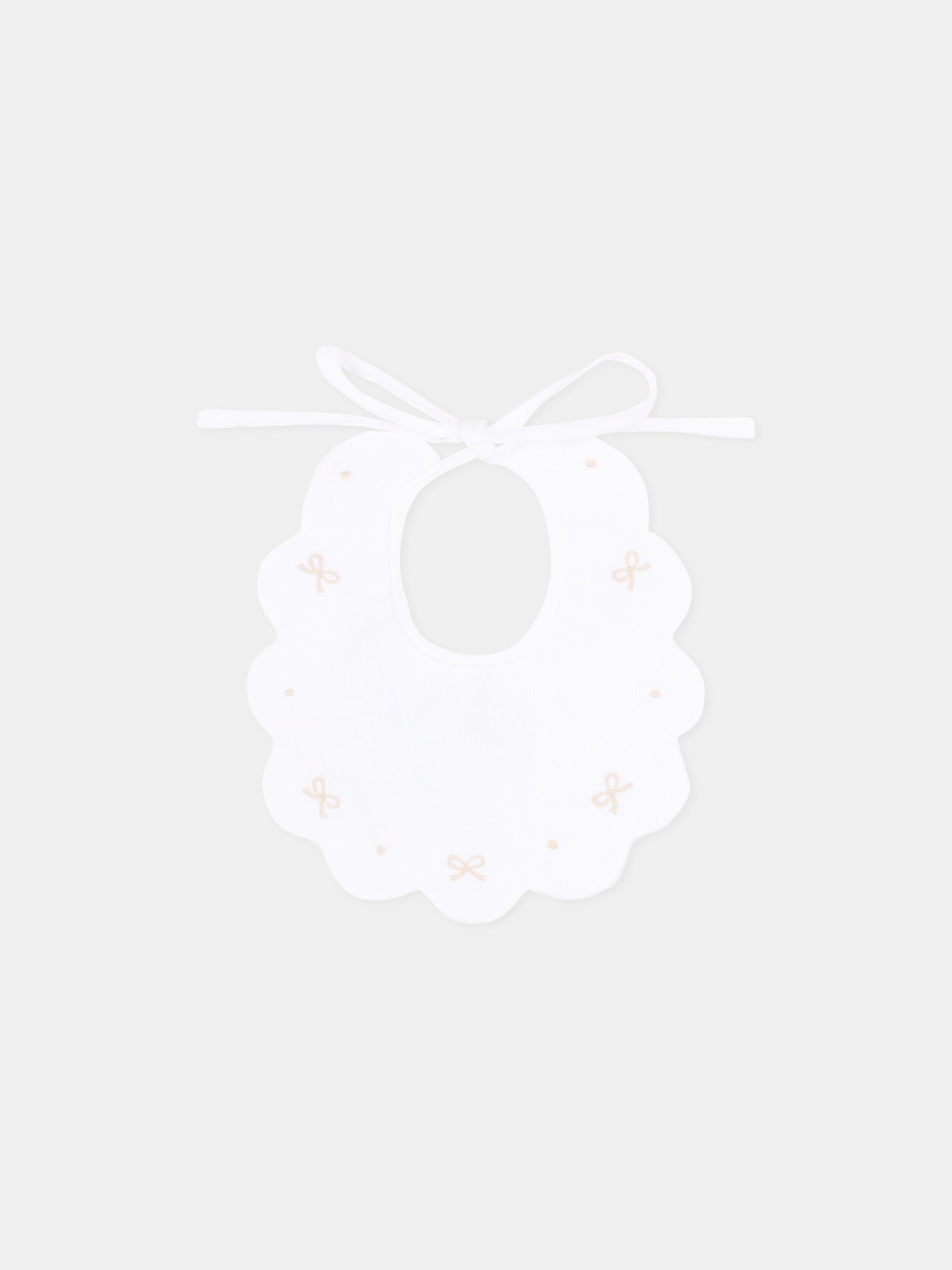 Bavaglino bianco per neonati con ricami beige,Little Bear,2043 BCO/CORDA