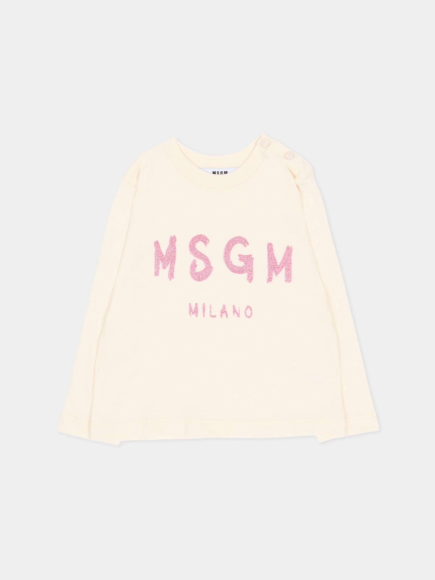 T-shirt a manica lunga avorio per neonata con logo,Msgm Kids,F6MSNGTH367 013