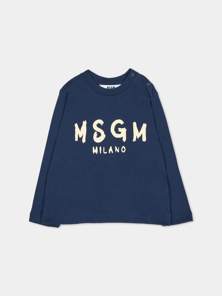 T-shirt a manica lunga blu per neonati con logo,Msgm Kids,F6MSUNTH345 MS032