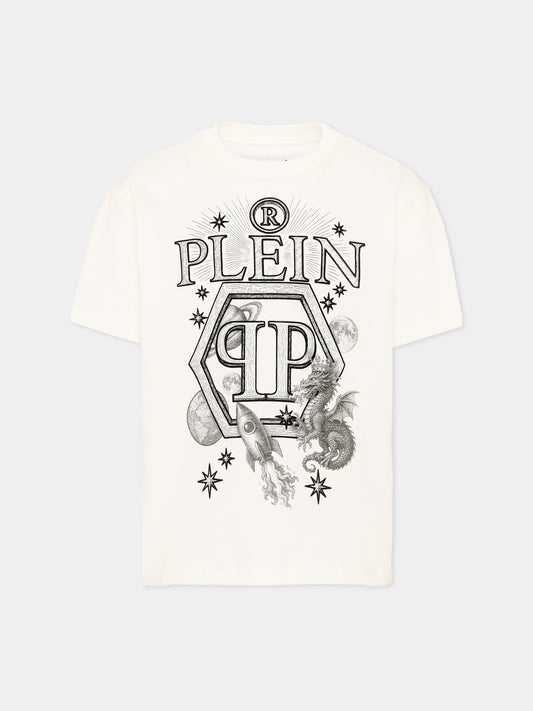 T-Shirt avorio per bambino con logo,Philipp Plein Junior,F6PHJBTH124 002