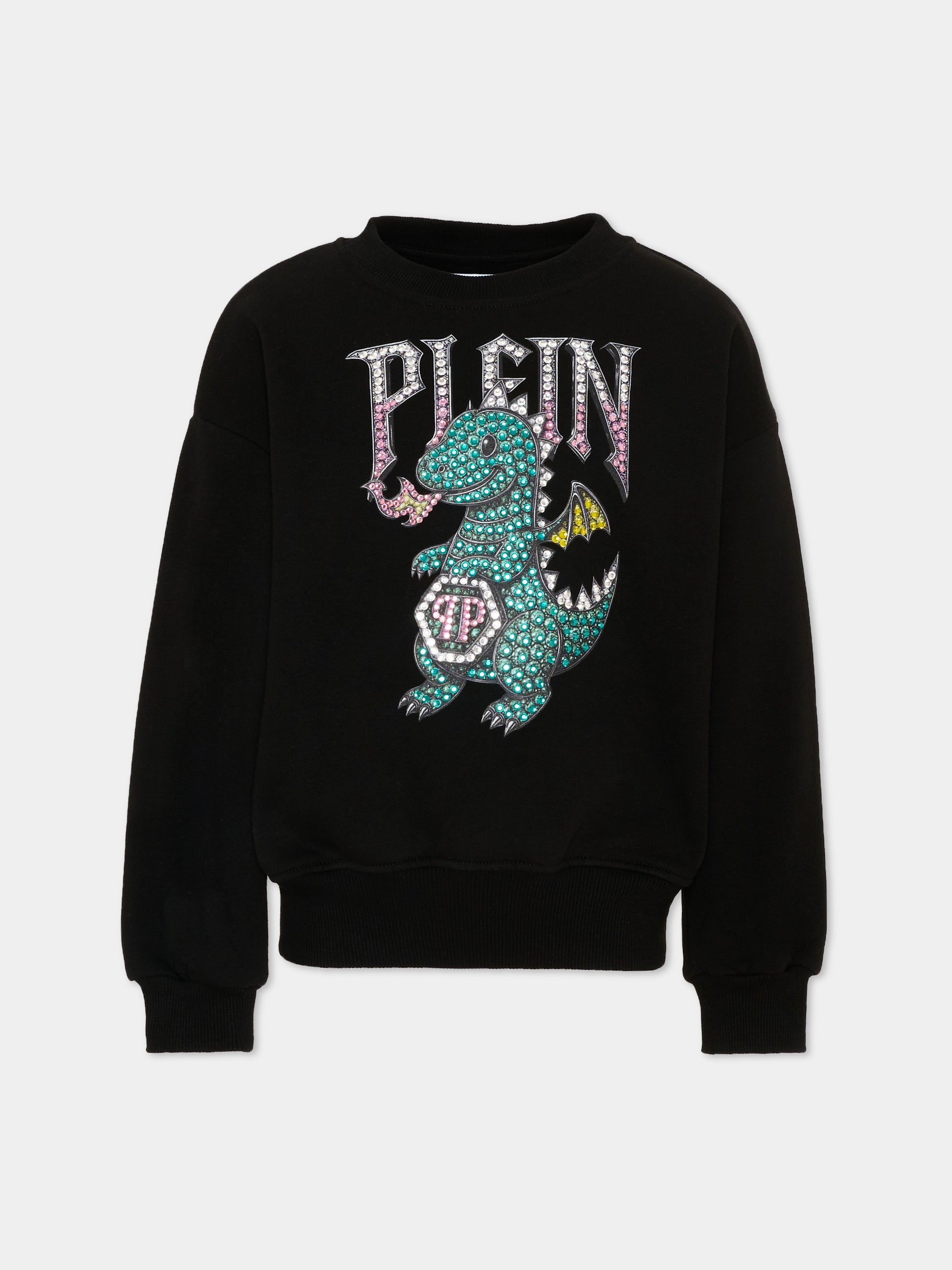 Felpa nera per bambina con dinosauro,Philipp Plein Junior,F6PHJGSW052 110