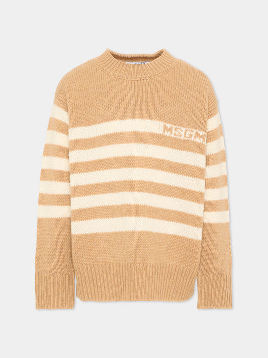 Maglione beige per bambina a righe,Msgm Kids,F5MSJGJP082 MS049