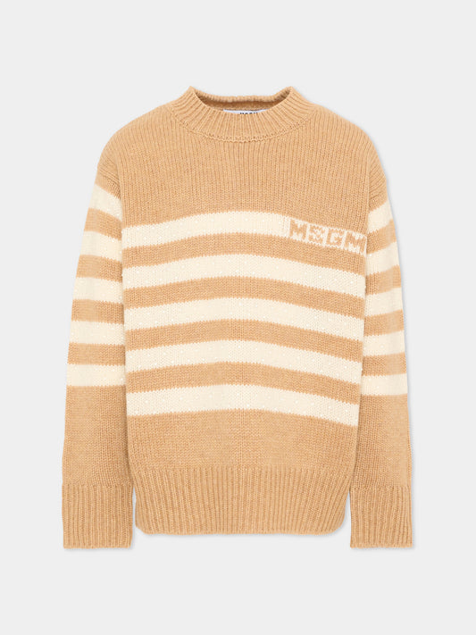 Maglione beige per bambina a righe,Msgm Kids,F5MSJGJP082 MS049