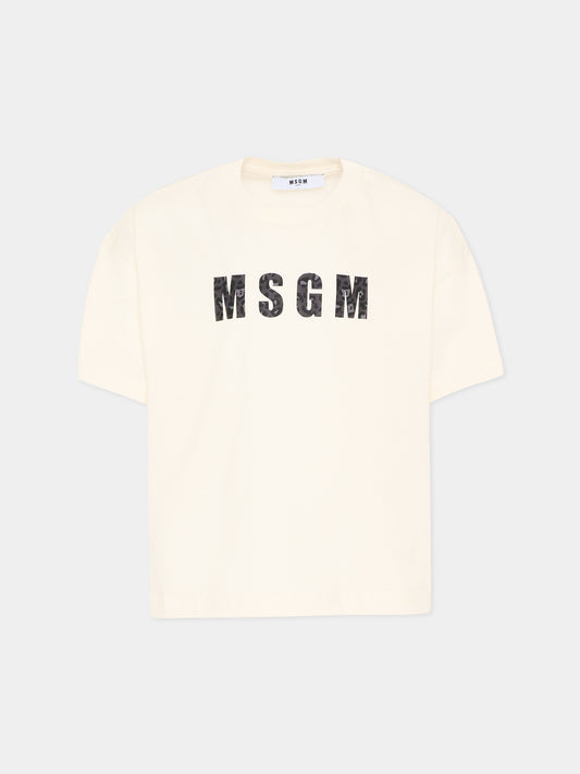 T-Shirt avorio per bambina con logo animalier,Msgm Kids,F5MSJGTH141 013