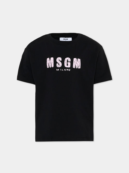 T-Shirt nera con logo per bambina,Msgm Kids,S6MSJUTH004 110/88