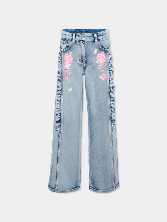 Jeans denim per bambina con ricami floreali,Monnalisa,19G404 7015 055B