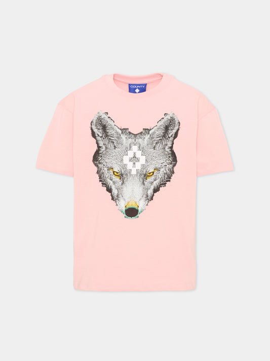 T-Shirt rosa per bambina con lupo,County Of Milan Kids,F5CMJGTH089 BW008