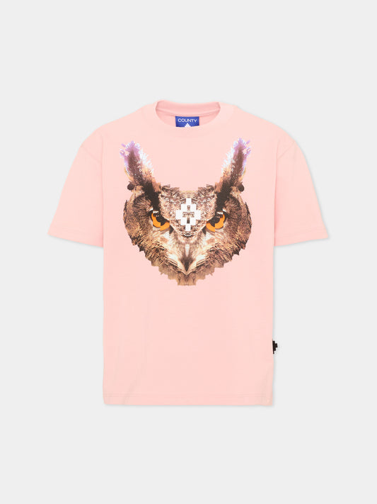 T-shirt rosa per bambina con gufo,County Of Milan Kids,F5CMJGTH090 BW008
