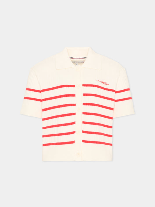 Polo bianca per bambina a righe con logo,Tommy Hilfiger Junior,KG0KG09379 XK3