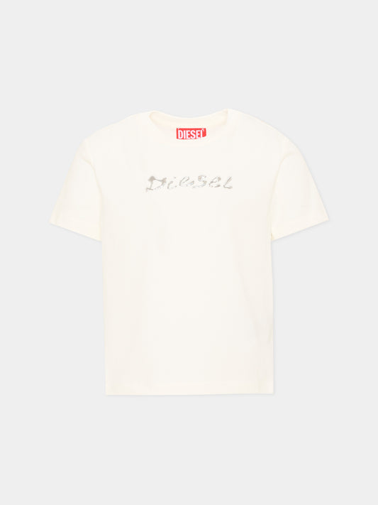 T-Shirt avorio per bambina con logo,Diesel,J02387 0GRAM K141