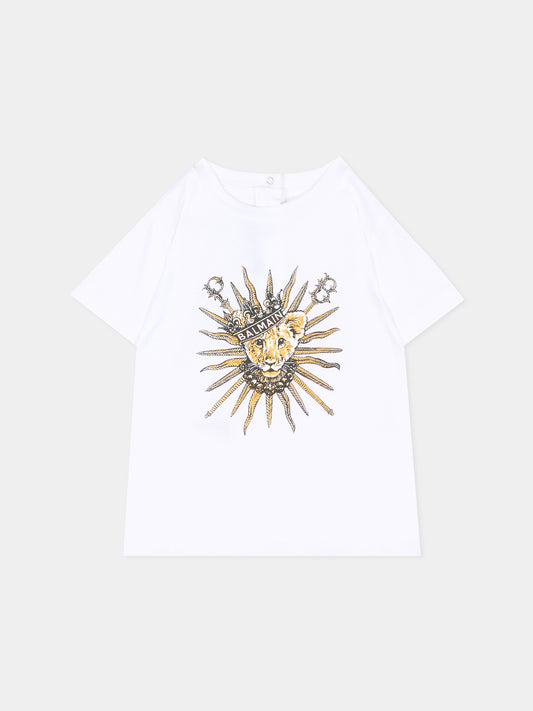 T-Shirt bianca per neonati con leone,Balmain Kids,BU8651 Z0082 100