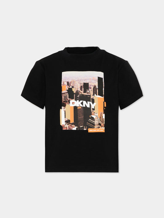 T-Shirt nera per bambino con logo,Dkny,D62536 09B