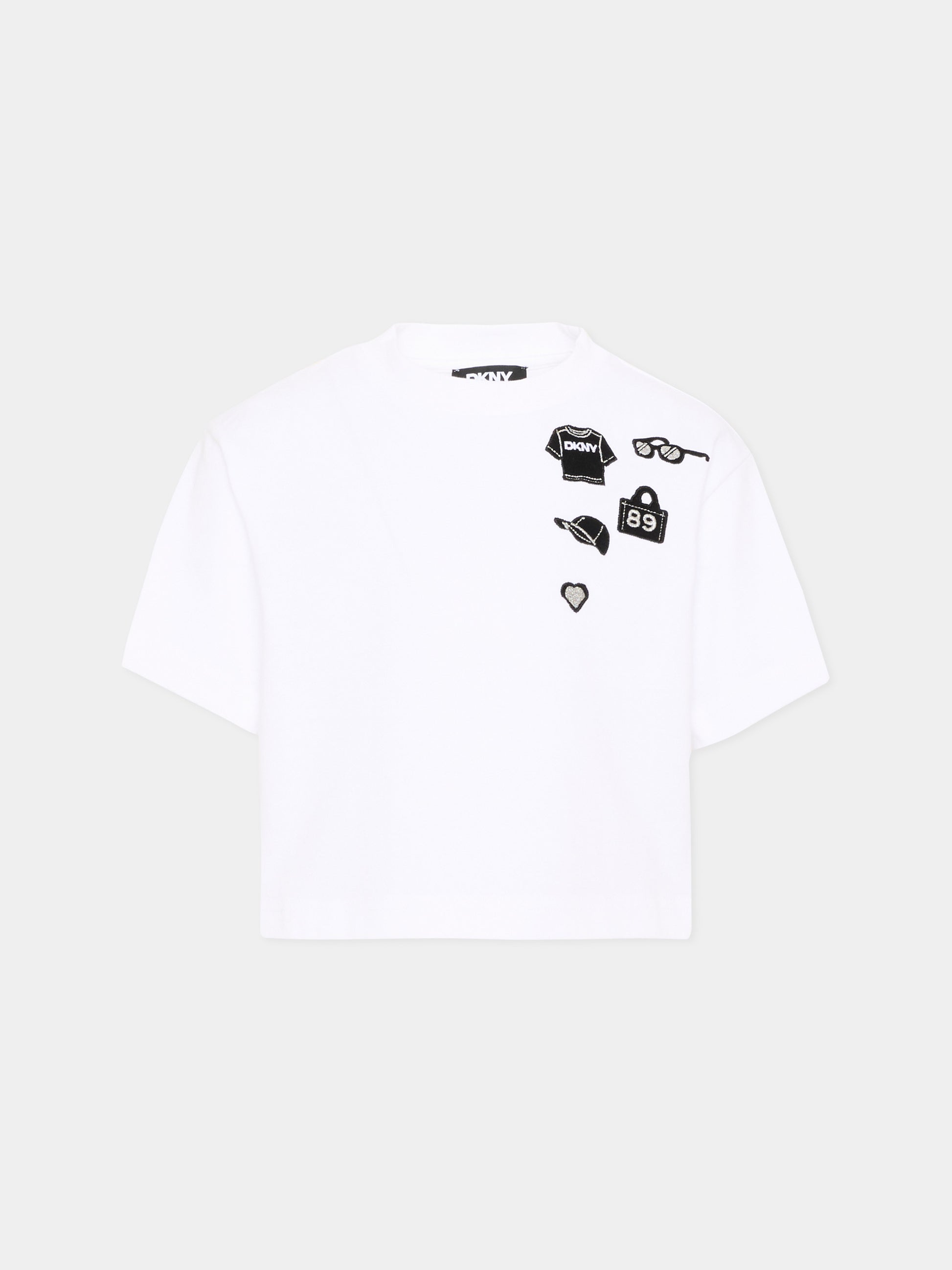 T-Shirt bianca per bambina con logo,Dkny,D62590 10P