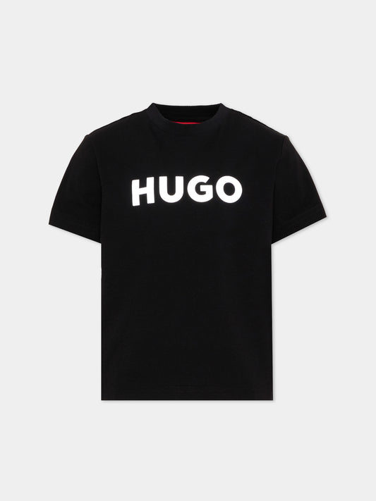 T-shirt nera per bambino con logo,Hugo,G01016 09B
