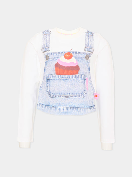 T-shirt a manica lunga bianca per bambina stampa salopette,Poco Blush,SS26112