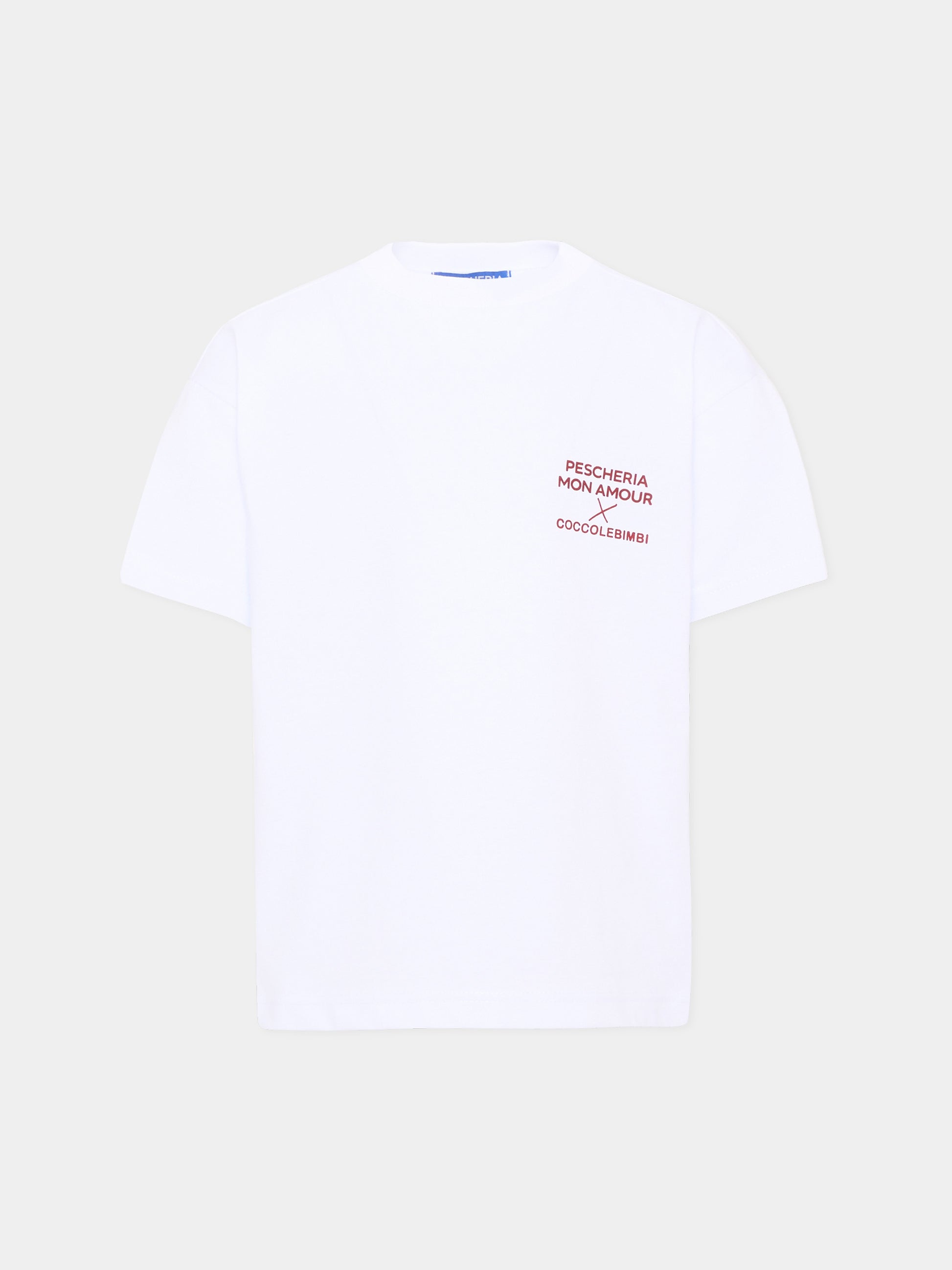 T-shirt a manica corta bianca per bambini con frase sul retro,Pescheria Mon Amour X Coccolebimbi,PMAK TS001 WHT