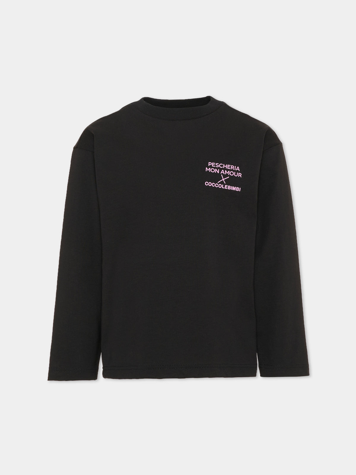 T-shirt a manica lunga nera per bambini con frase sul retro,Pescheria Mon Amour X Coccolebimbi,PMAK LS002 BLK