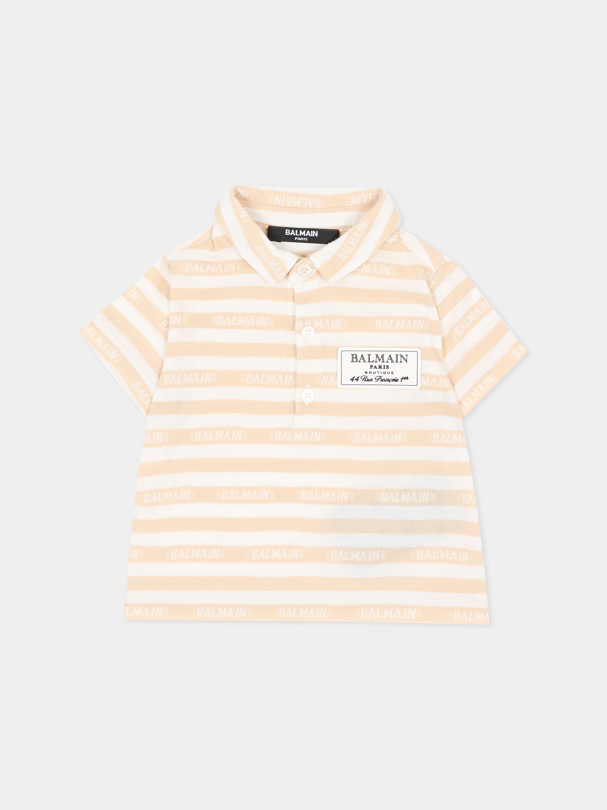Polo avorio per neonato a righe con logo,Balmain Kids,BU8701 Z2192 102BG