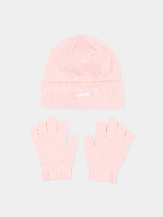 Guanti e berretto rosa per bambina in maglia,Levi's Kids,9A8746 AGJ