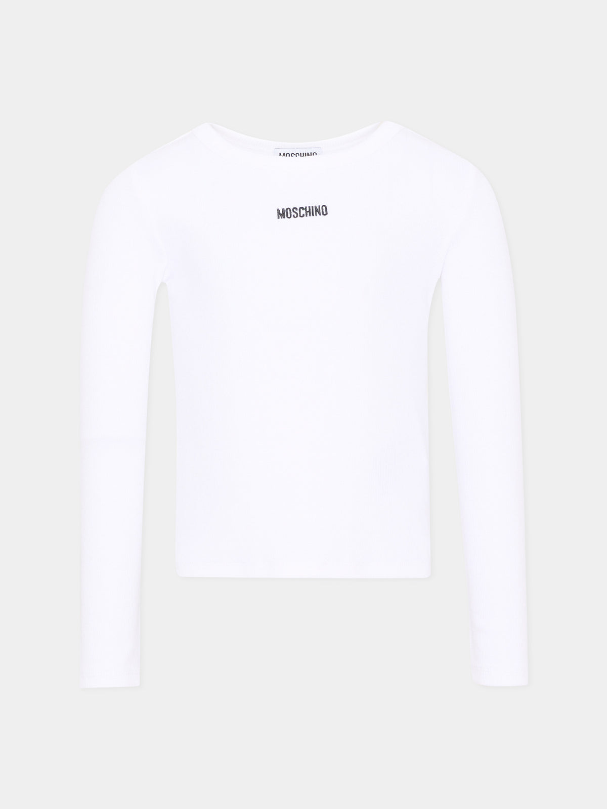 T-shirt a manica lunga bianca con logo per bambina,Moschino Kids,HAO011 LBA39 10101