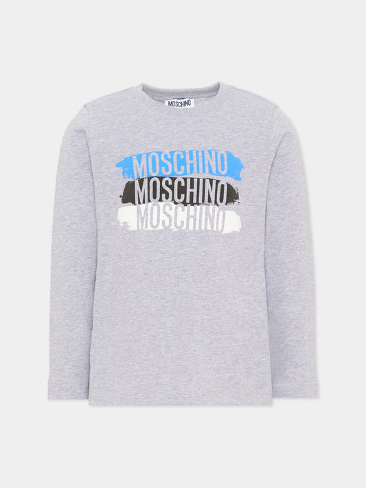T-shirt a manica lunga grigia con logo per bambino,Moschino Kids,HVO00J LAA57 60901