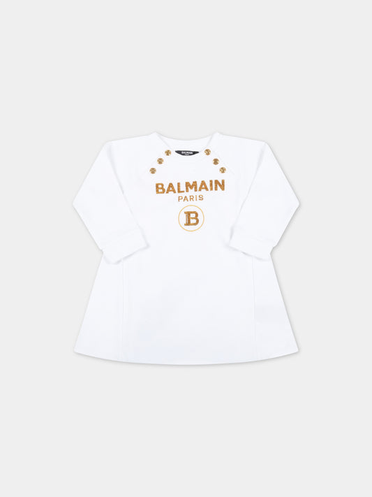 Vestito bianco per neonata con logo dorato,Balmain Kids,6Q1860 F0015 100