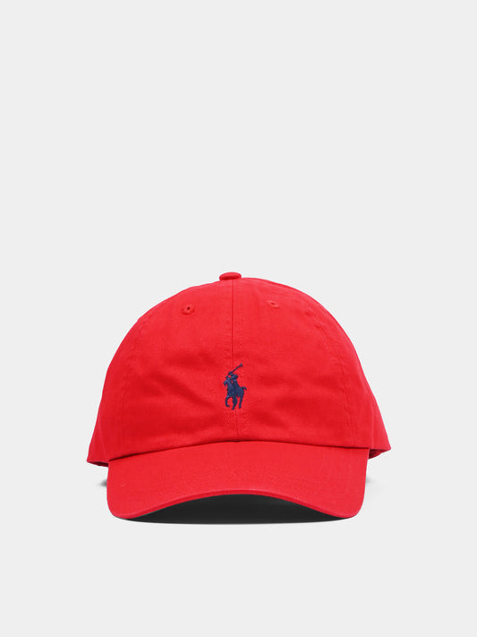 Bonnet rouge pour garçon avec poney bleu