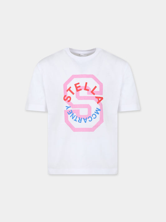 T-shirt bianca per bambina con stampa logo multicolor,Stella Mccartney Kids,TT8A41 Z0434 100