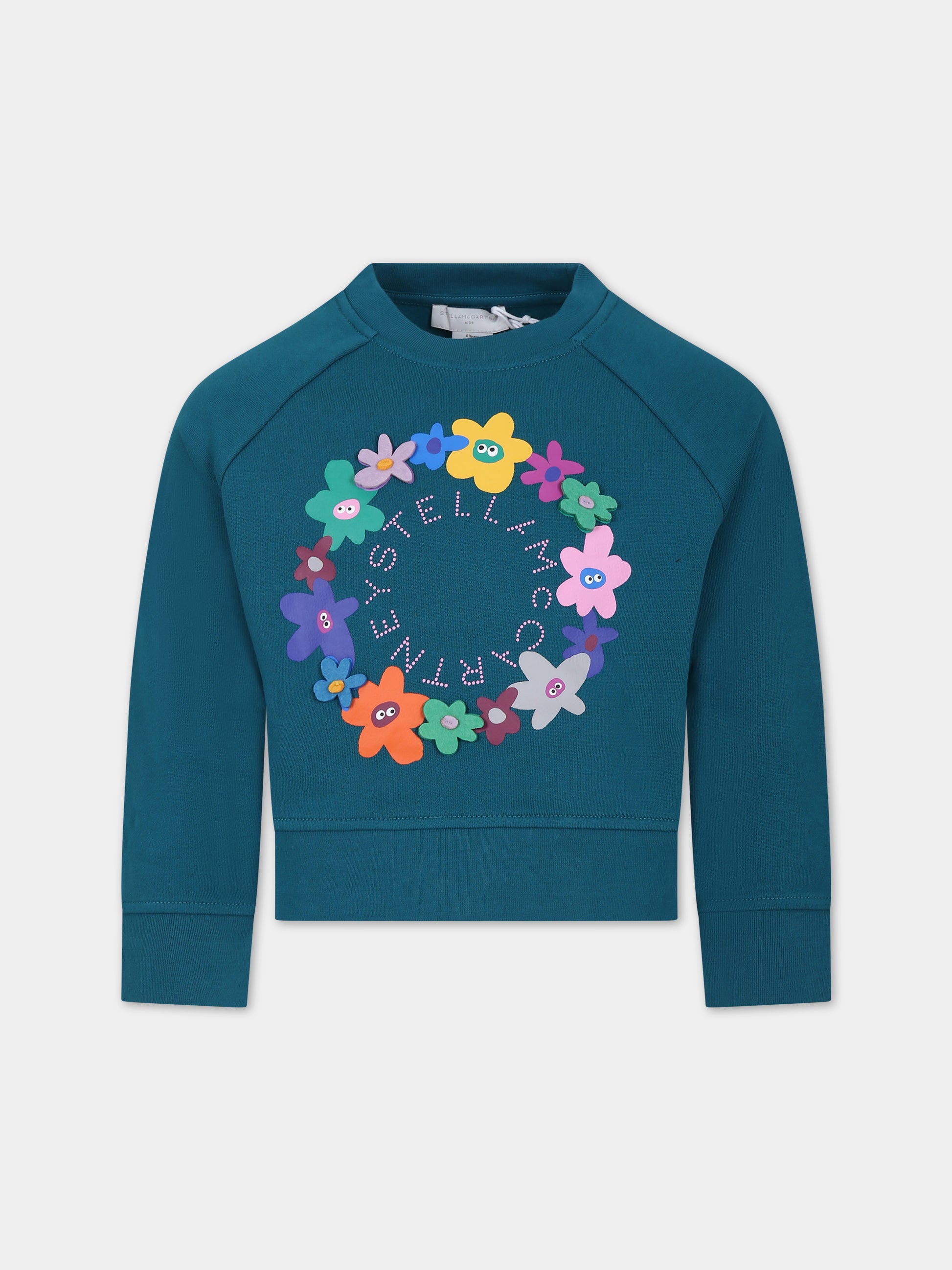 Felpa verde per bambina con fiori e logo,Stella Mccartney Kids,TT4B70 Z0447 619